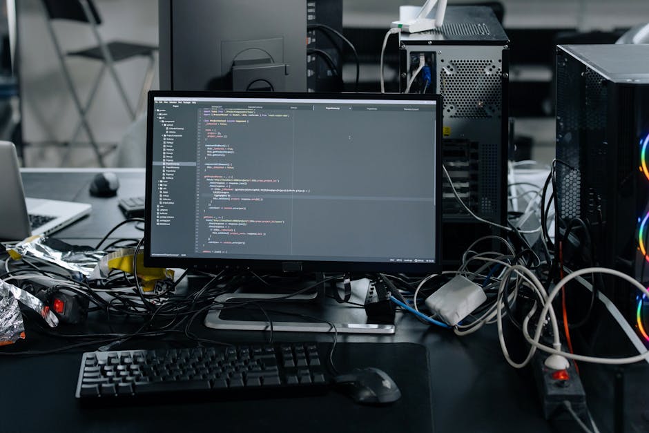 The image depicts a computer screen displaying a dark background filled with lines of multicolored programming code, including red, green, blue, and purple text, with some sections highlighted or form